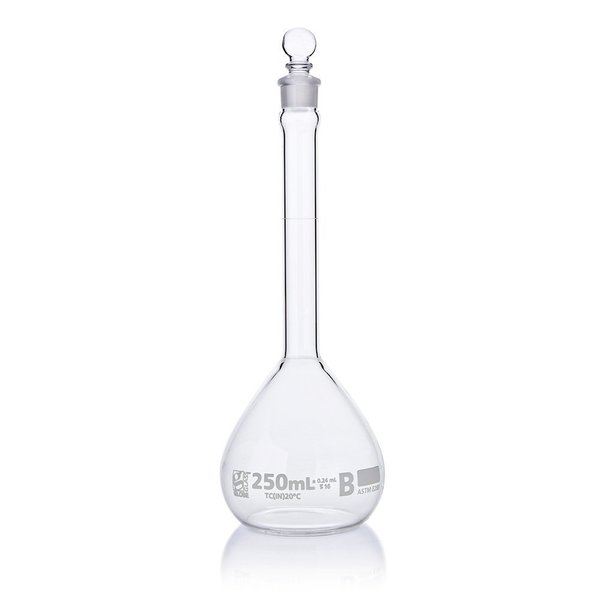 Globe Scientific Flask, Volumetric , Globe Glass, 250mL, Class B, To Contain (TC), ASTME288, 6/Box 8250250